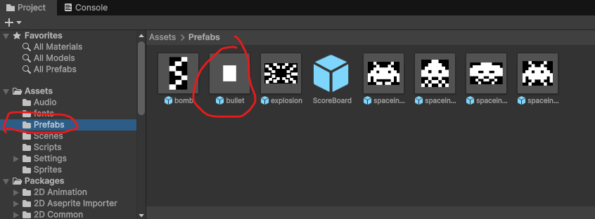 Bullet prefab valgt i Project-vinduet.